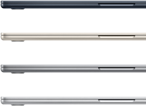 Štyri MacBooky Air v dostupných farbách: tmavo atramentovej, hviezdne bielej, vesmírne sivej a striebornej