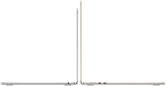 13-palcový a 15-palcový MacBook Air, otvorené a postavené zadnými stranami pri sebe