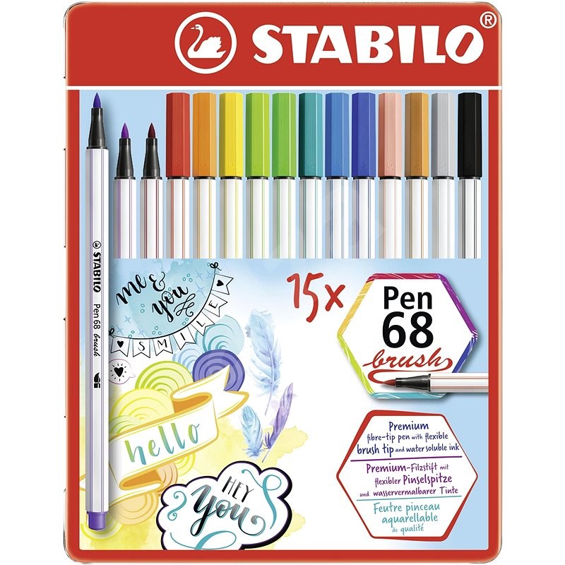 STABILO Pen 68 brush, 15 ks, kovové puzdro - Fixky