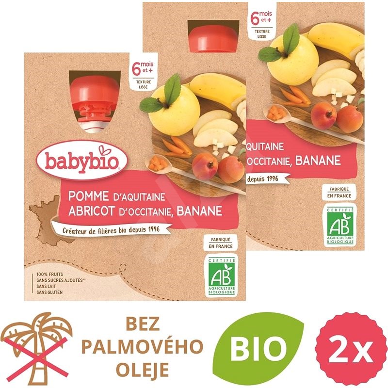 BABYBIO jablko, marhuľa a banán 2× (4× 90 g) - Kapsička pre deti