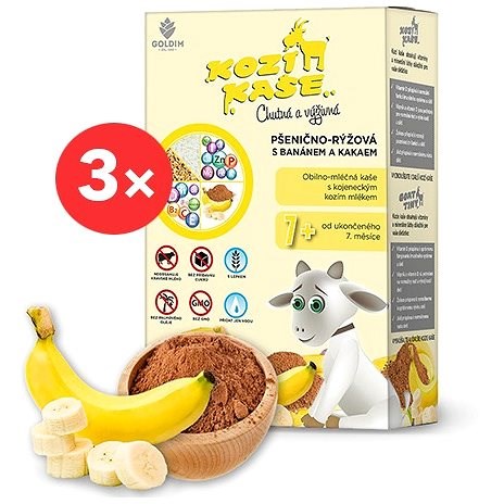 GOLDIM Kozia kaša pšenično-ryžová s banánom a kakaom 3× 225 g - Mliečna kaša