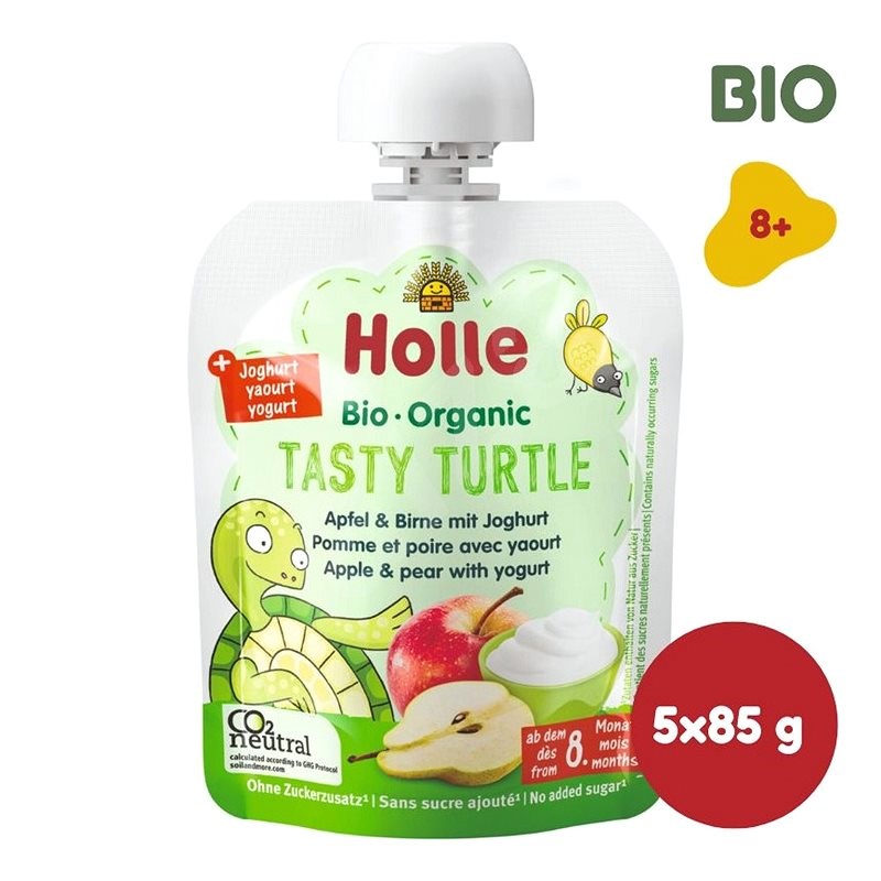 HOLLE Tasty Turtle bio detské ovocné pyré s jogurtom 5× 85 g - Kapsička pre deti