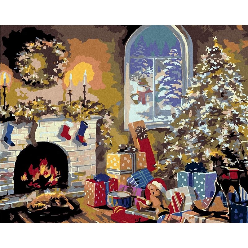 Maľovanie podľa čísel - Krb a vianočný stromček s darčekmi, 50 x 40 cm, bez rámu a napnutého plátna - Maľovanie podľa čísel