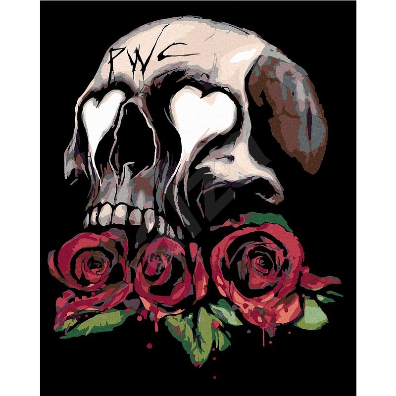 Maľovanie podľa čísel – Lebka a tri červené ruže, 40 × 50 cm, bez rámu a bez napnutia plátna - Maľovanie podľa čísel
