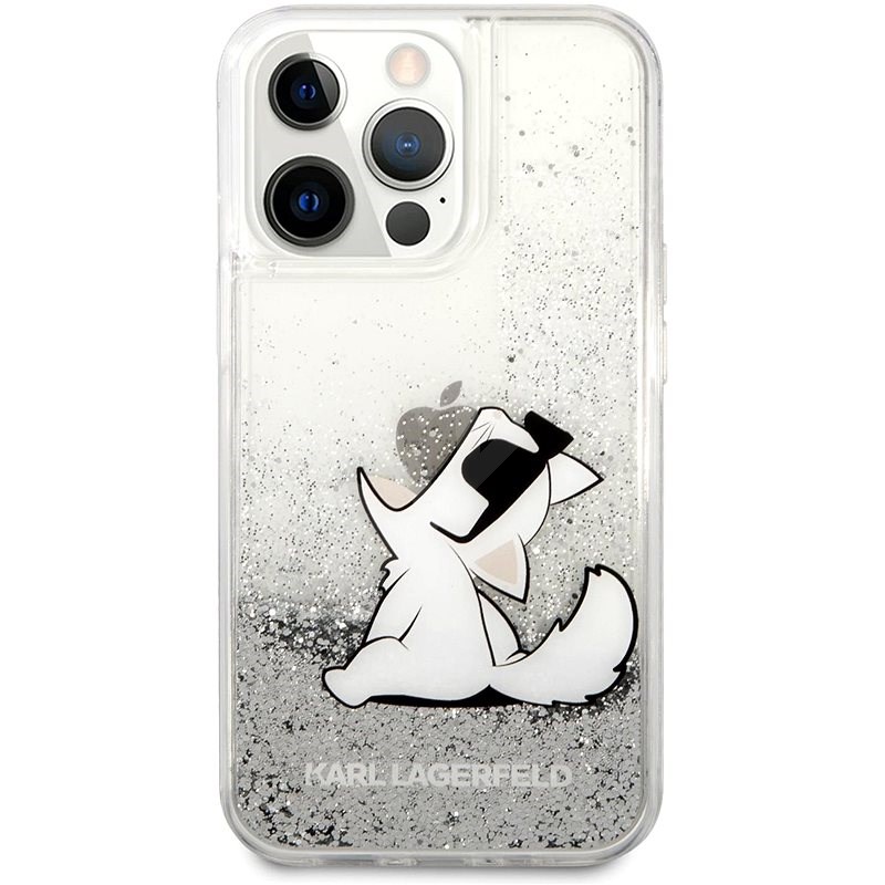 Karl Lagerfeld Liquid Glitter Choupette Eat Kryt na Apple iPhone 13 Pro Silver - Kryt na mobil