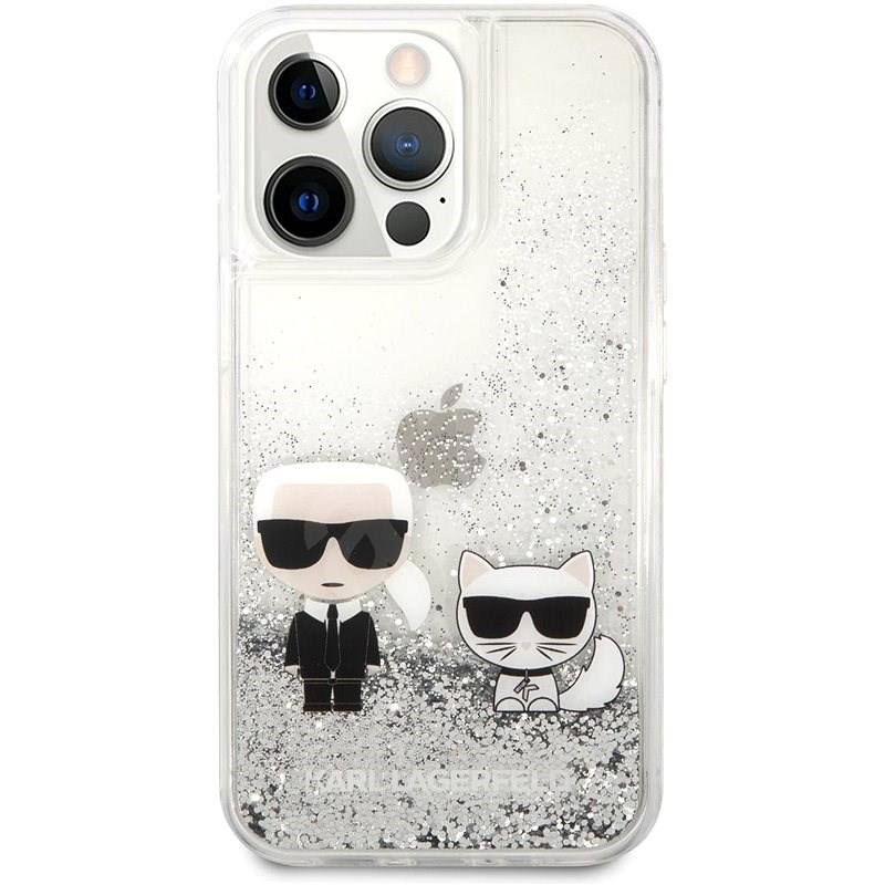 Karl Lagerfeld Liquid Glitter Karl and Choupette Kryt na Apple iPhone 13 Pro Silver - Kryt na mobil
