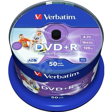 Verbatim DVD+R 16x, Printable 50 ks cakebox - Médium