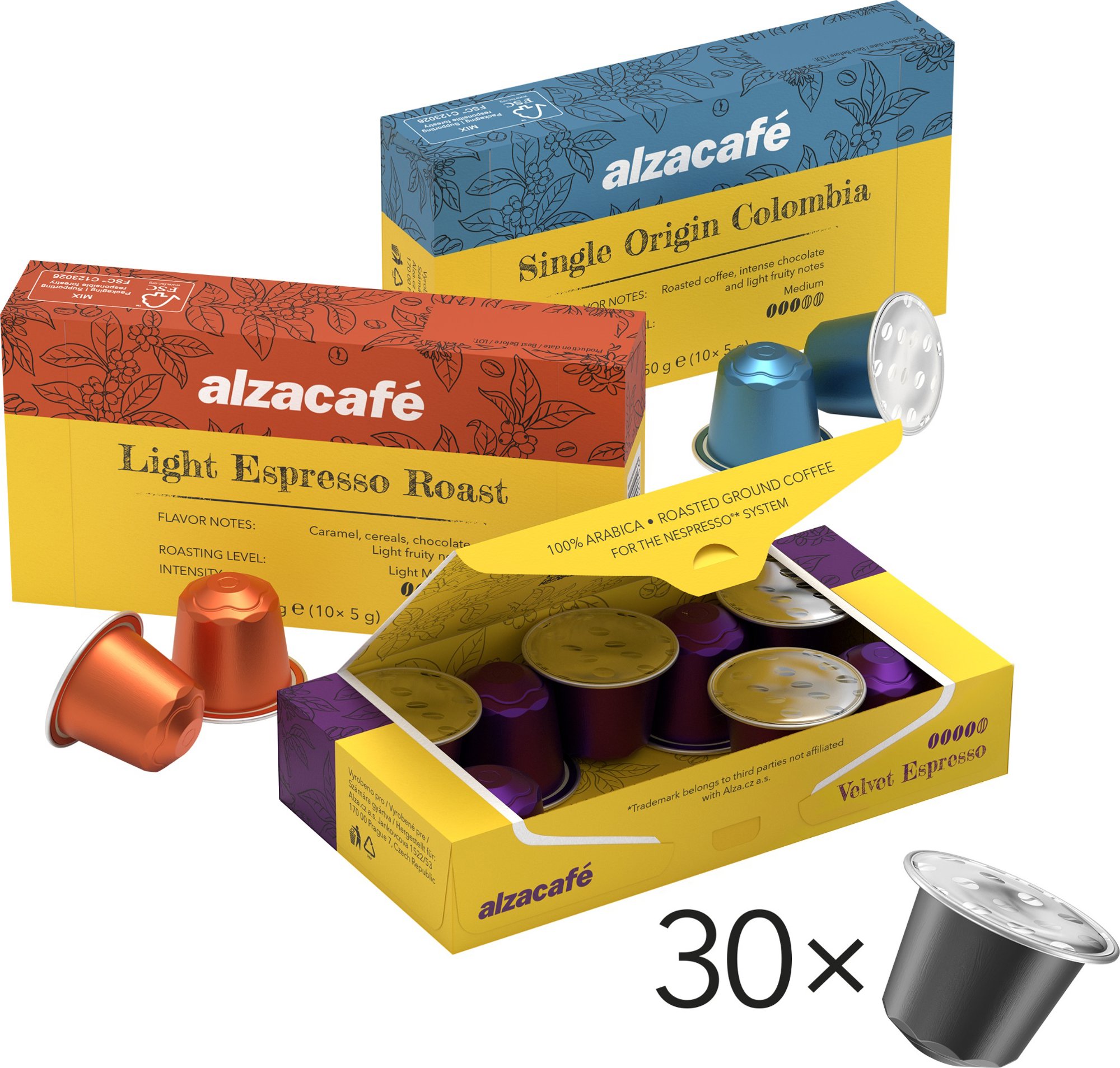 AlzaCafé Light Espresso Roast + Velvet Espresso Roast + Origins Colombian Essence Medium Roast, 3x10