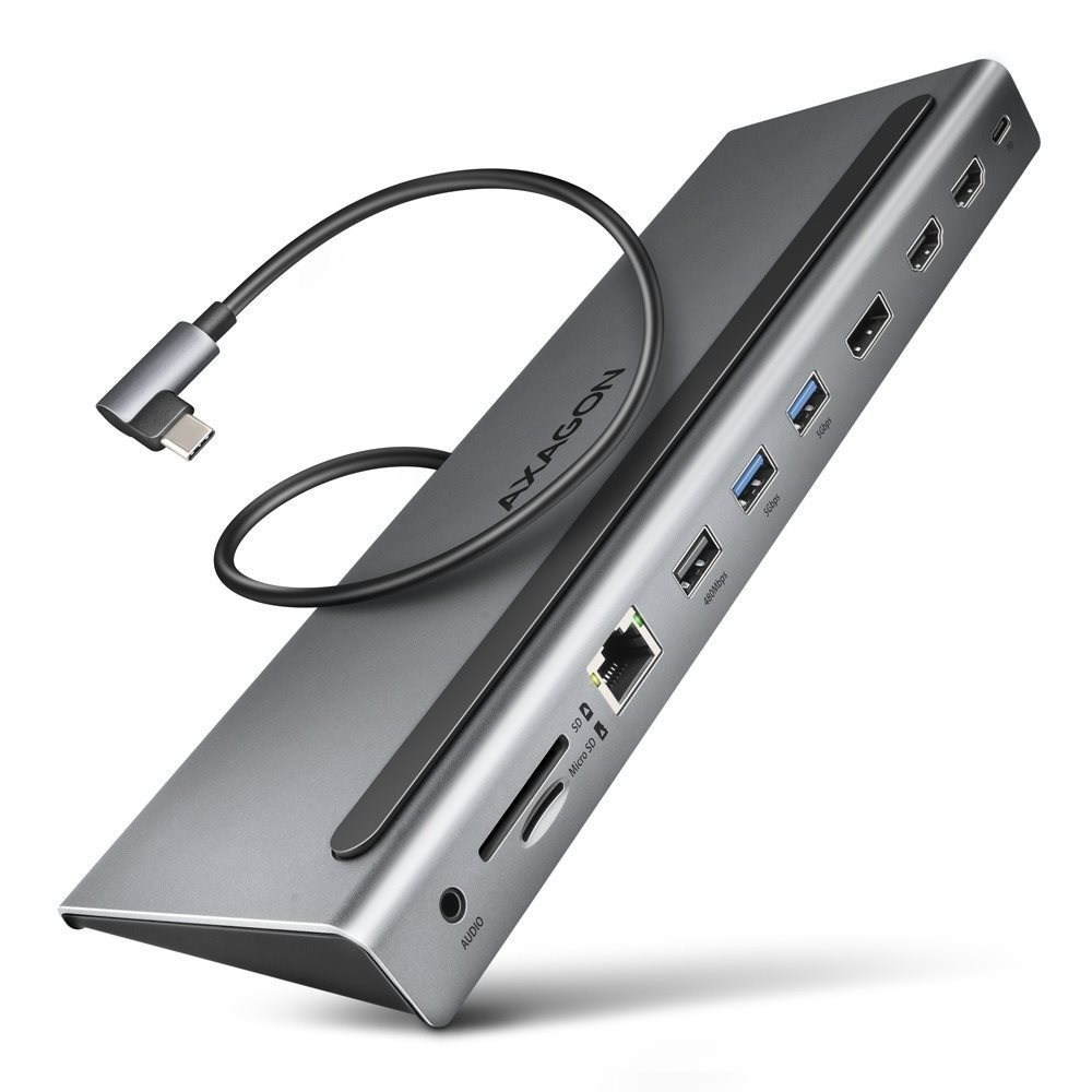 AXAGON HMC-4KX3 Docking Station, USB-C 5 Gbps, 3× USB-A, 2× HDMI, DP, RJ-45, SD/microSD, audio, PD 100 W