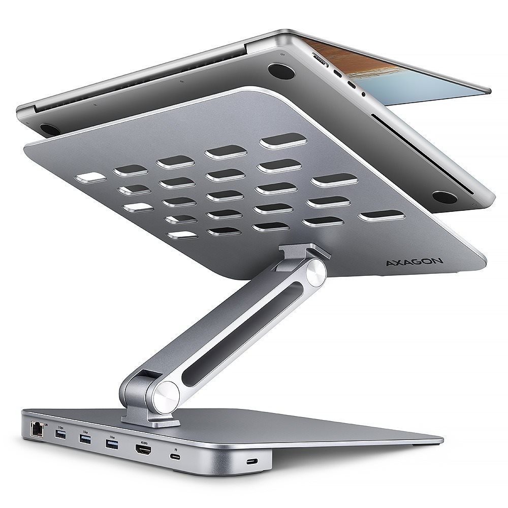 AXAGON HMC-STND stand for 10" – 16" laptops & USB-C 5 Gbps hub, 3× USB-A, HDMI 4K/60 Hz, RJ-45, PD 1
