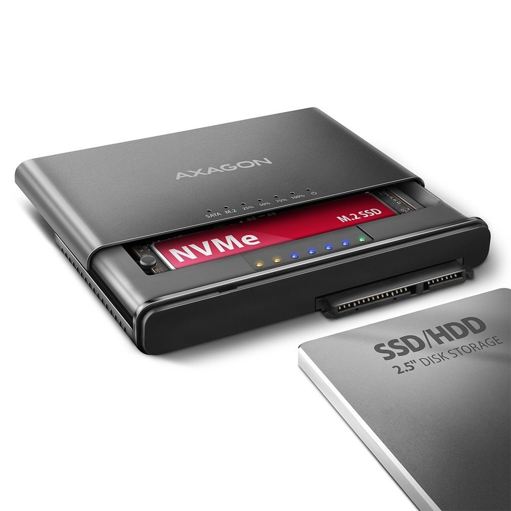 AXAGON ADSA-CC, NVMe M.2 SSD & SATA 2.5" / 3.5" SSD / HDD CLONE MASTER 2 adaptér, USB-C 10 Gbps