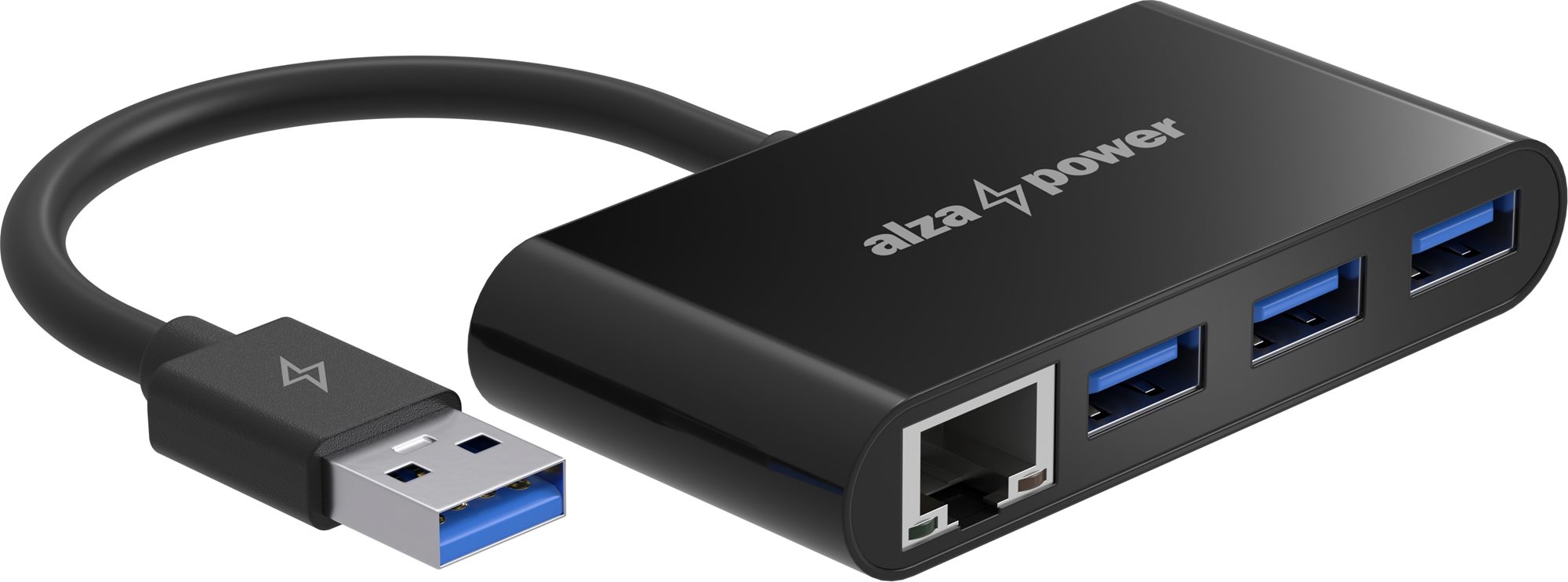 AlzaPower USB hub USB-A (M) na 3× USB-A 3.0 (F) s RJ45 čierny