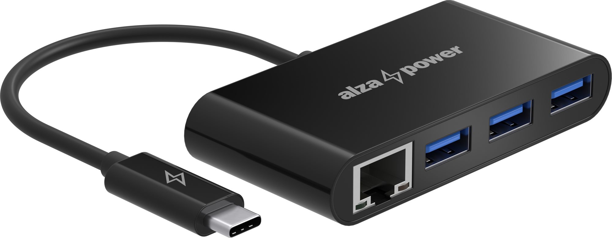 AlzaPower USB hub USB-C (M) na 3× USB-A 3.0 (F) s RJ45 čierny
