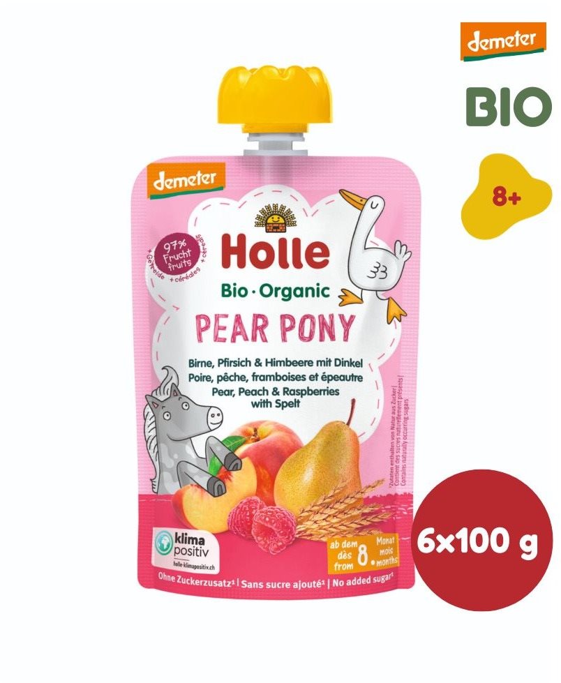 HOLLE Pear Pony BIO hruška broskyňa maliny a špalda 6× 100 g