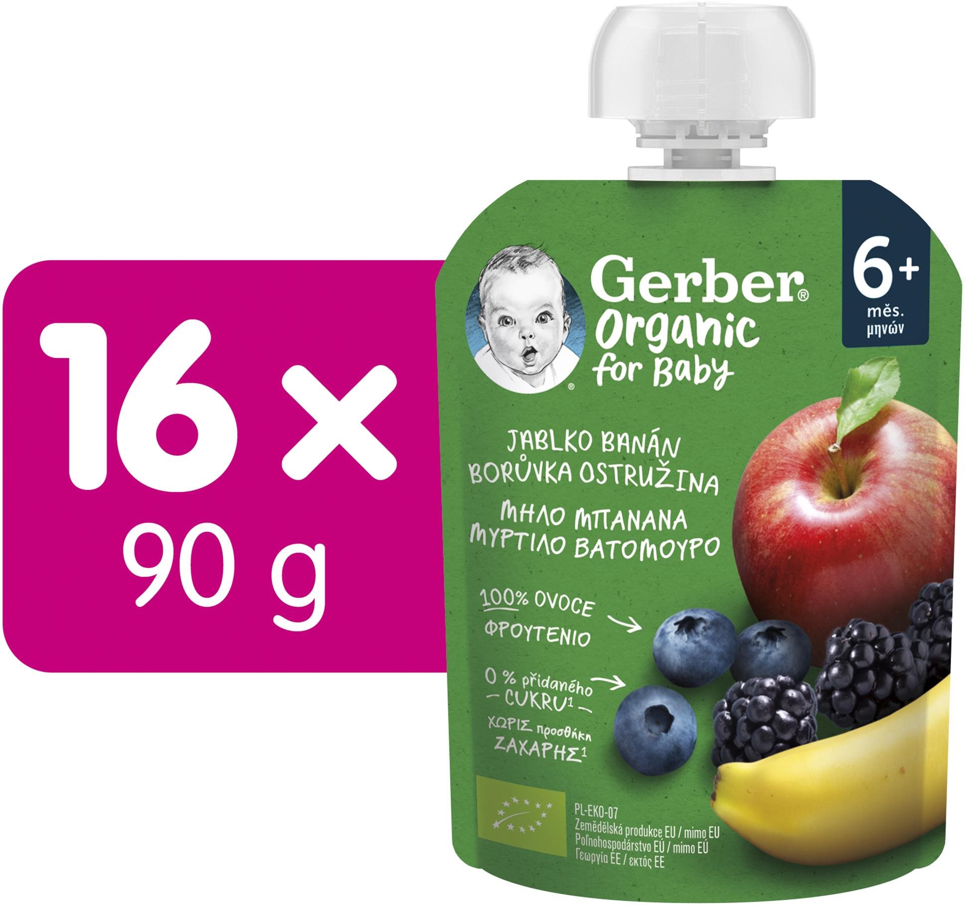 GERBER Organic vrecko jablko, banán, čučoriedka a černica 16× 90 g