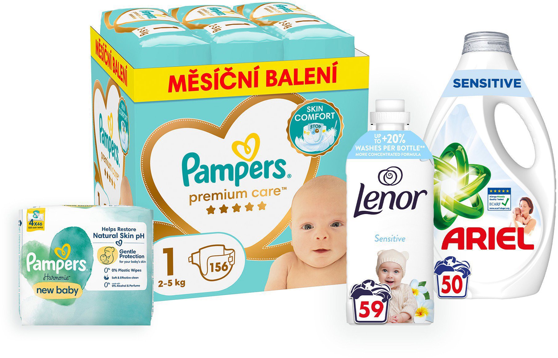 PAMPERS balíček I. (plienky veľ. 1 – 156 ks, vlhčené obrúsky, prací gél a aviváž)