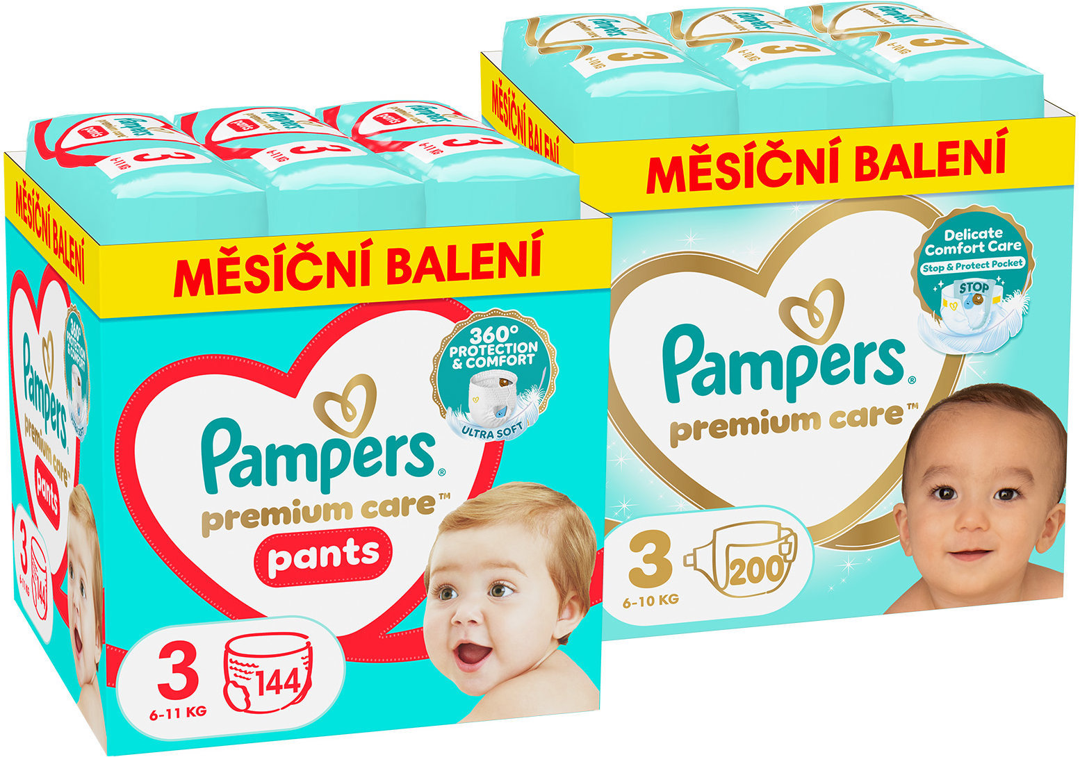 PAMPERS Premium Care veľkosť 3 (200 ks) + Premium Care Pants veľkosť 3 (144 ks)