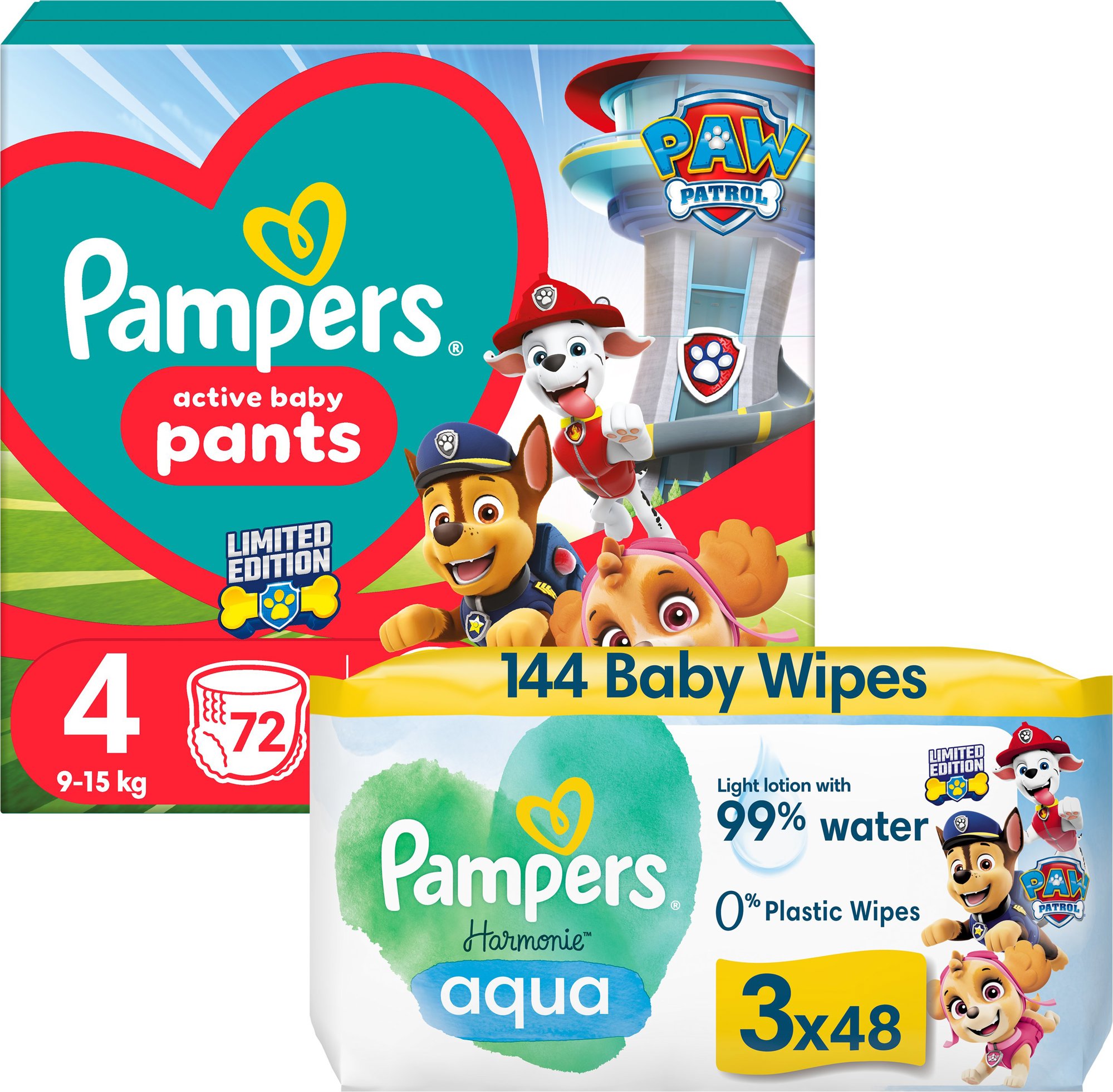 PAMPERS Active Baby Pants Paw Patrol veľ. 4 (72 ks) + Harmonie Aqua Paw Patrol obrúsky 3× 48 ks