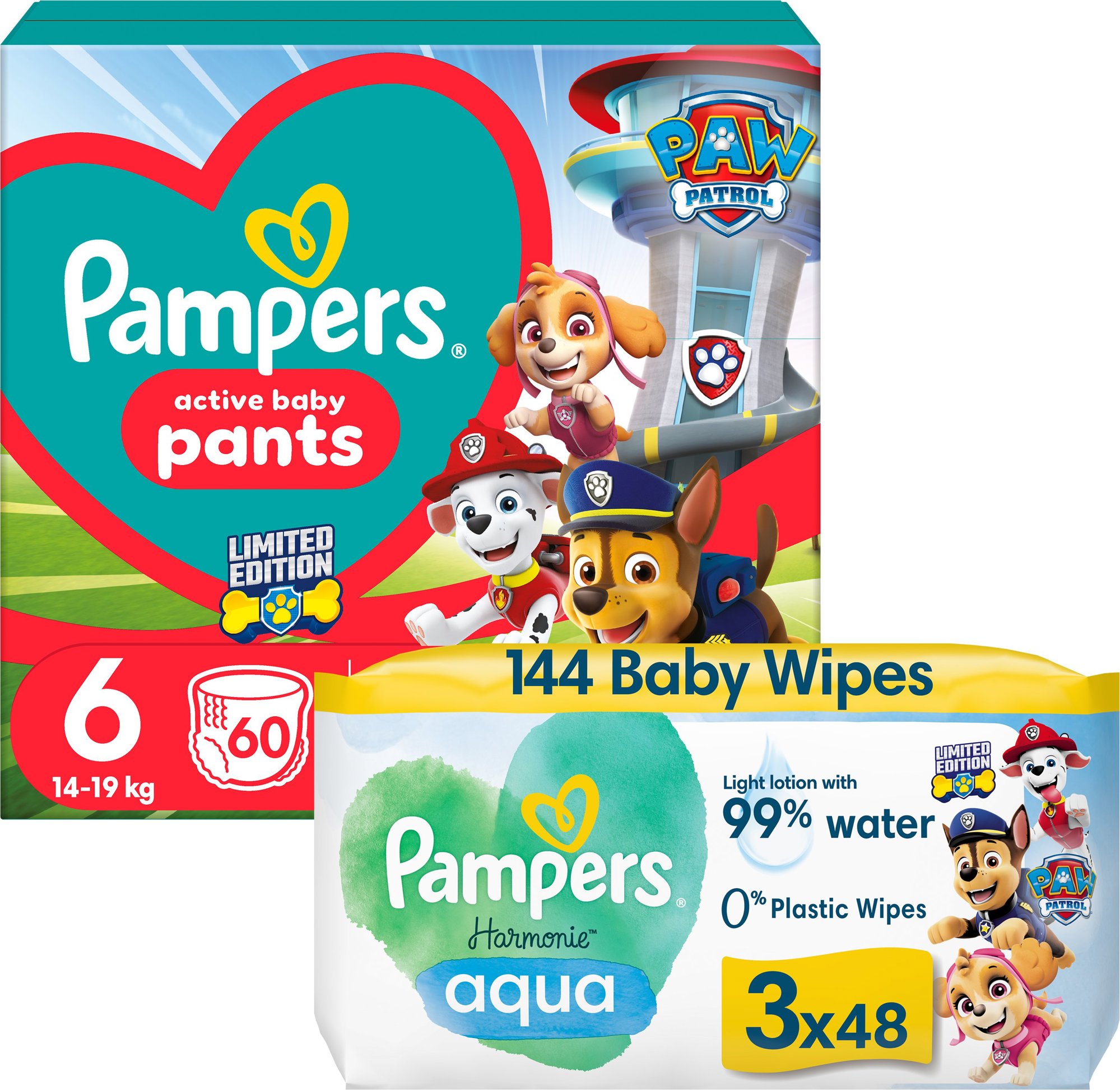 PAMPERS Active Baby Pants Paw Patrol veľ. 6 (60 ks) + Harmonie Aqua Paw Patrol obrúsky 3× 48 ks