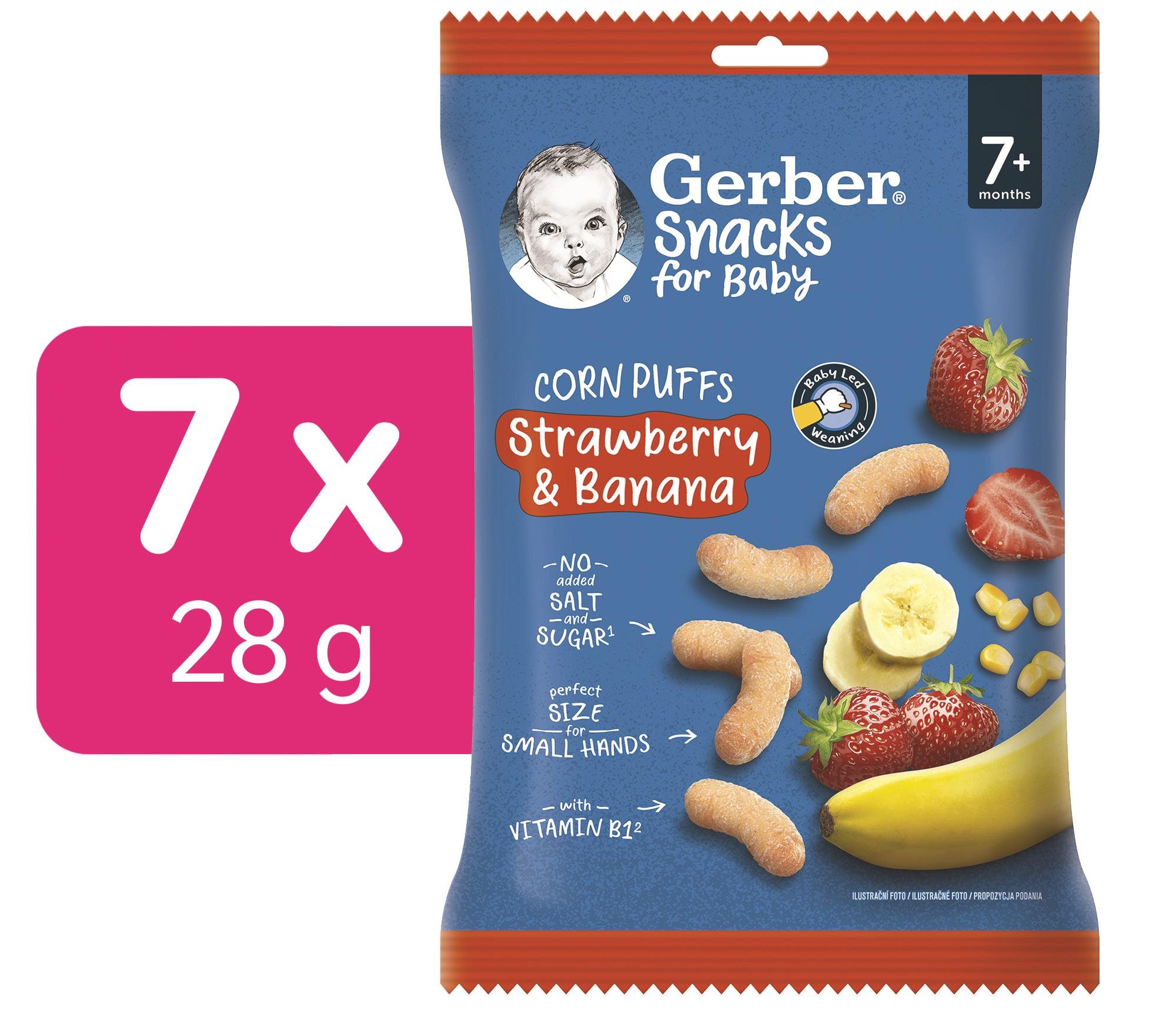 GERBER Snacks kukuričné chrumky jahoda a banán 7× 28 g