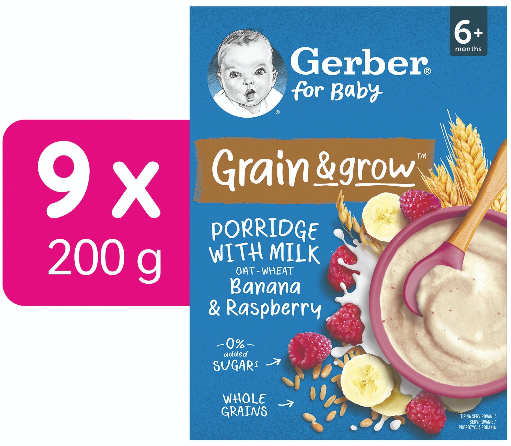 GERBER mliečna kaša pšenično-ovsená banán a malina 9× 200 g