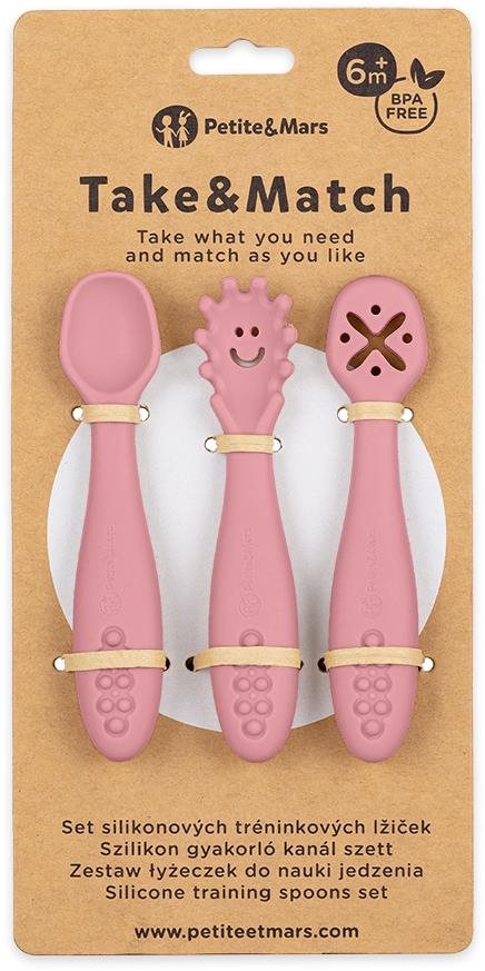 PETITE&MARS Set silikónových tréningových lyžičiek Take&Match Dusty Rose 3 ks