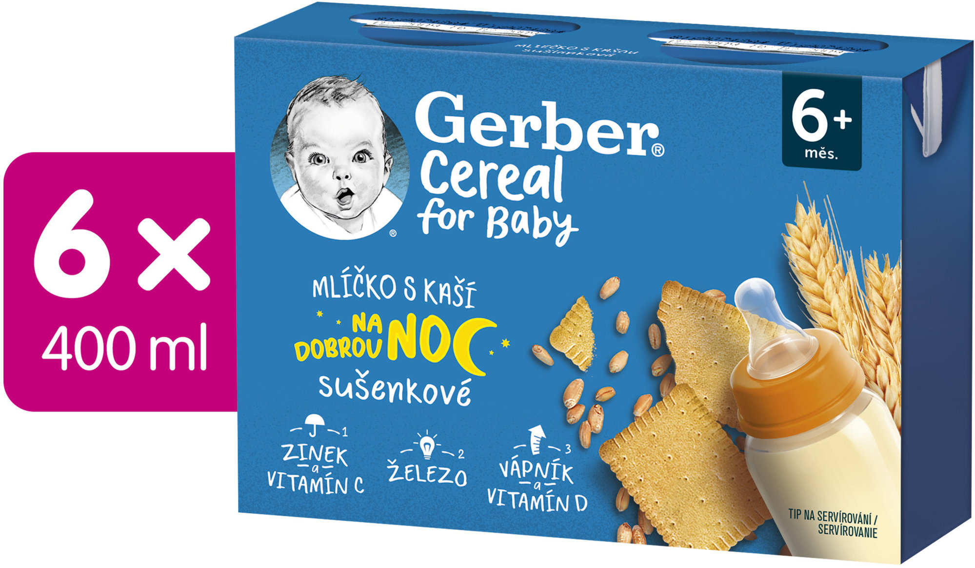 GERBER Cereal mliečko s kašou sušienkové Na dobrú noc 6× (2× 200 ml)