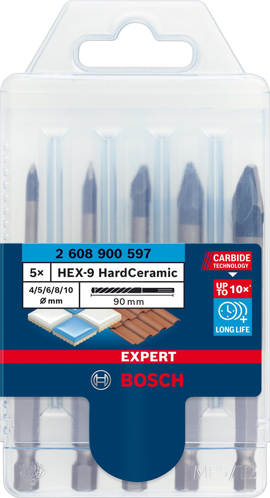 Bosch 5-dielna sada vrtákov do dlažby EXPERT HEX-9 HardCeramic 4/5/6/8/10 mm