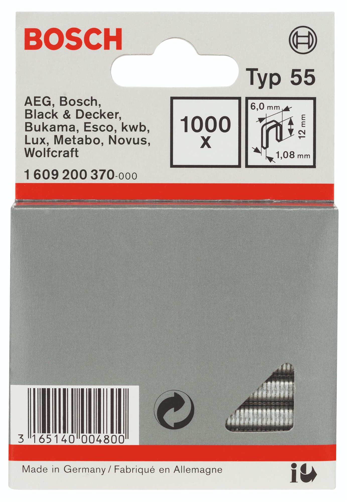 Bosch Úzke sponky do sponkovačky, typ 55 6 × 1,08 × 12 mm 1.609.200.370