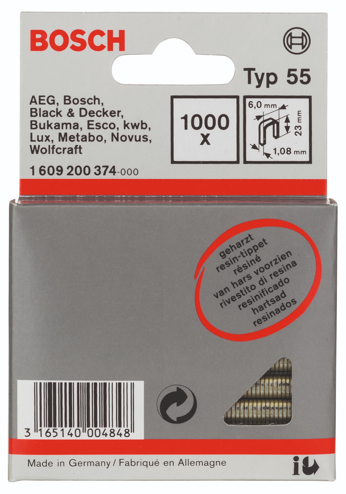 BOSCH Úzke sponky do sponkovačky, typ 55, laminované 6 × 1,08 × 23 mm 1.609.200.374
