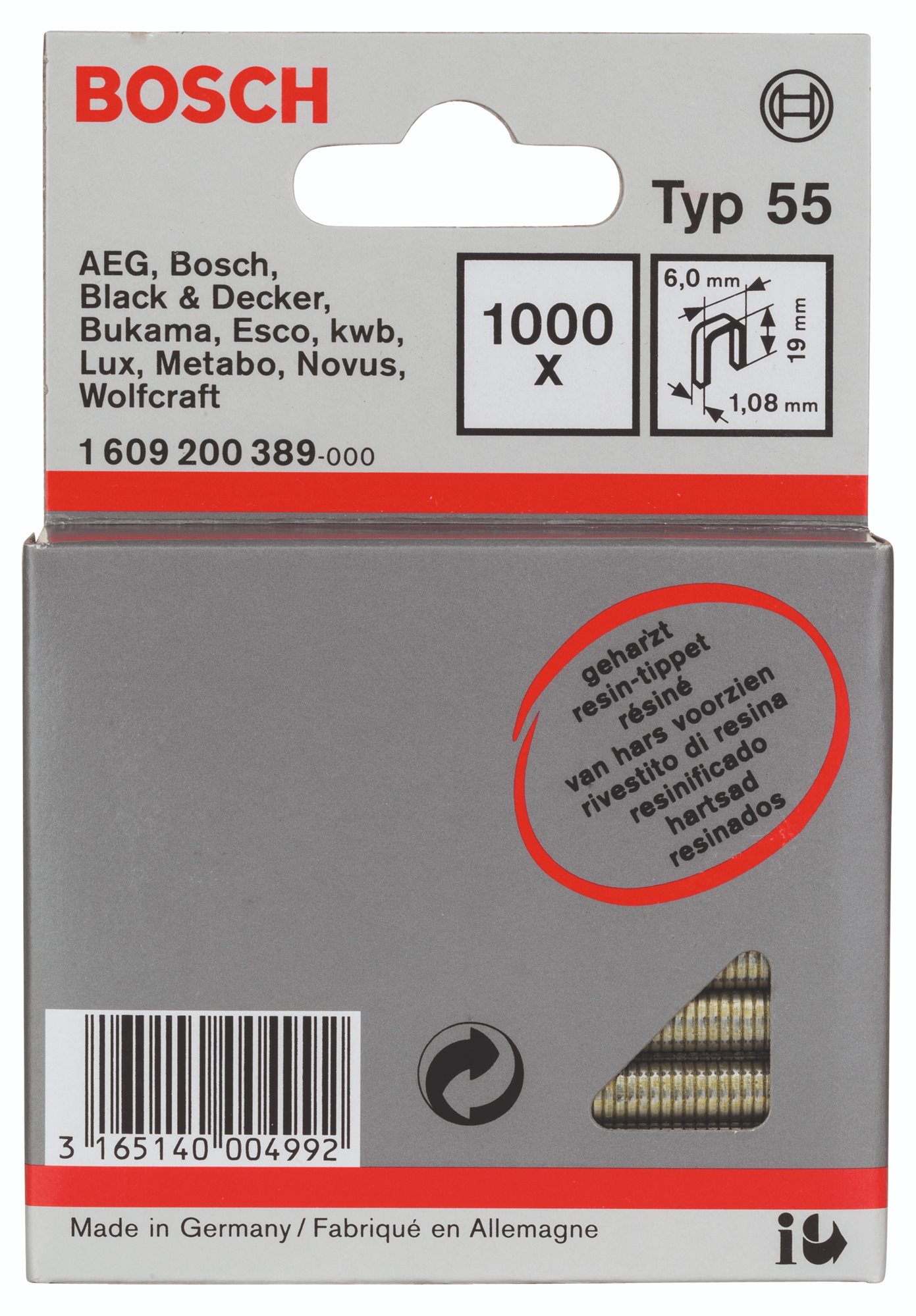 BOSCH Úzke sponky do sponkovačky, typ 55, laminované 6 × 1,08 × 19 mm 1.609.200.389