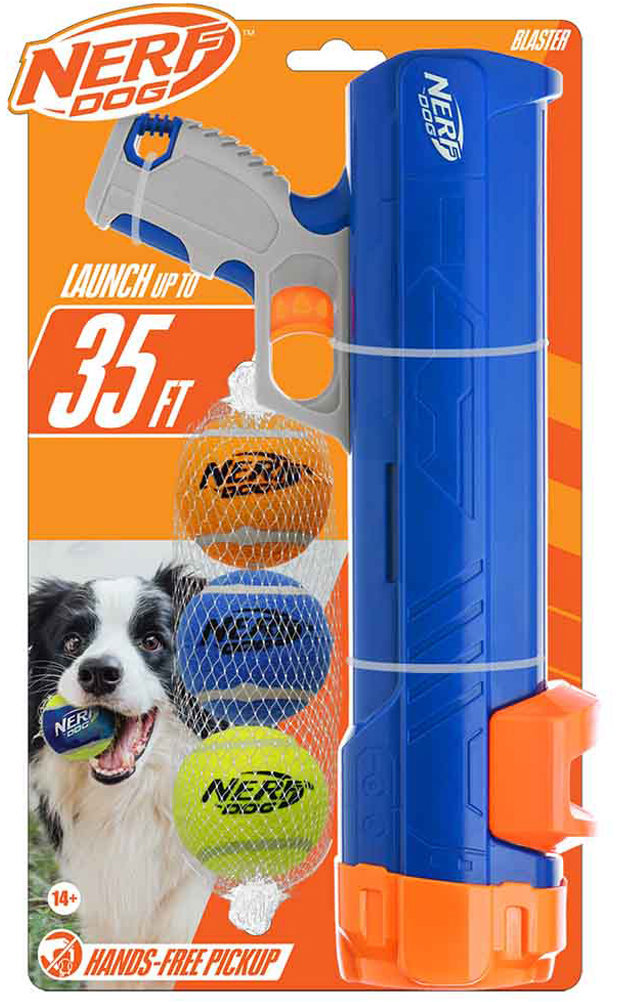 Nerf Dog Blaster 30 cm bez klipsy na loptičku + 3 ks pískacích tenisových loptičiek 5 cm