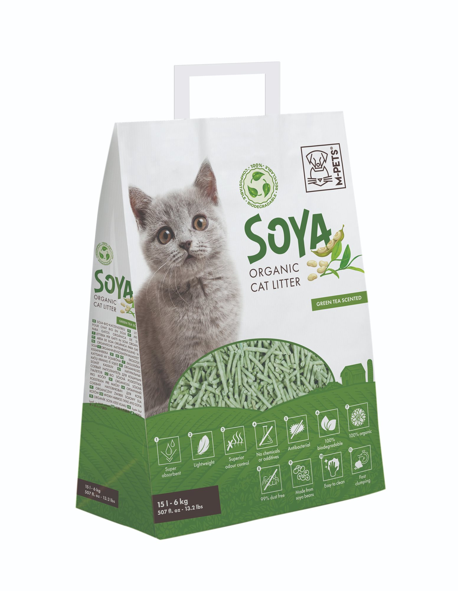 M-Pets Stelivo sójové so zeleným čajom 15 L