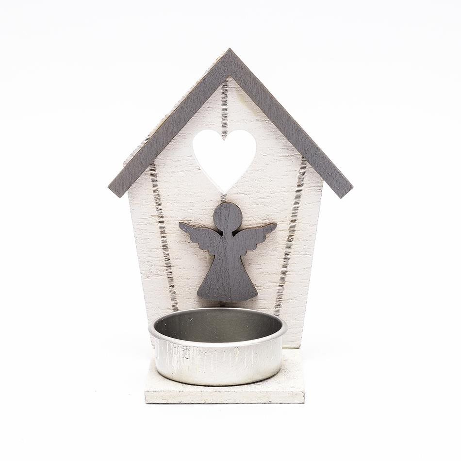 DECOLED Vianočný svietnik – drevený, chalúpka s anjelom, 10,5 × 5 cm