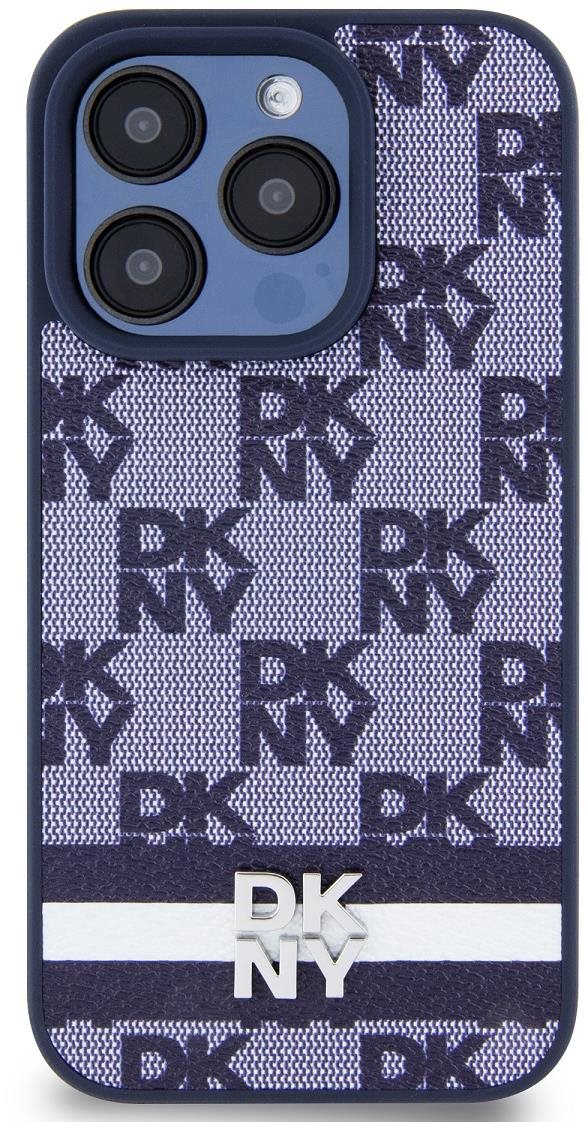 DKNY PU Leather Checkered Pattern and Stripe Zadný Kryt na iPhone 15 Pro Blue