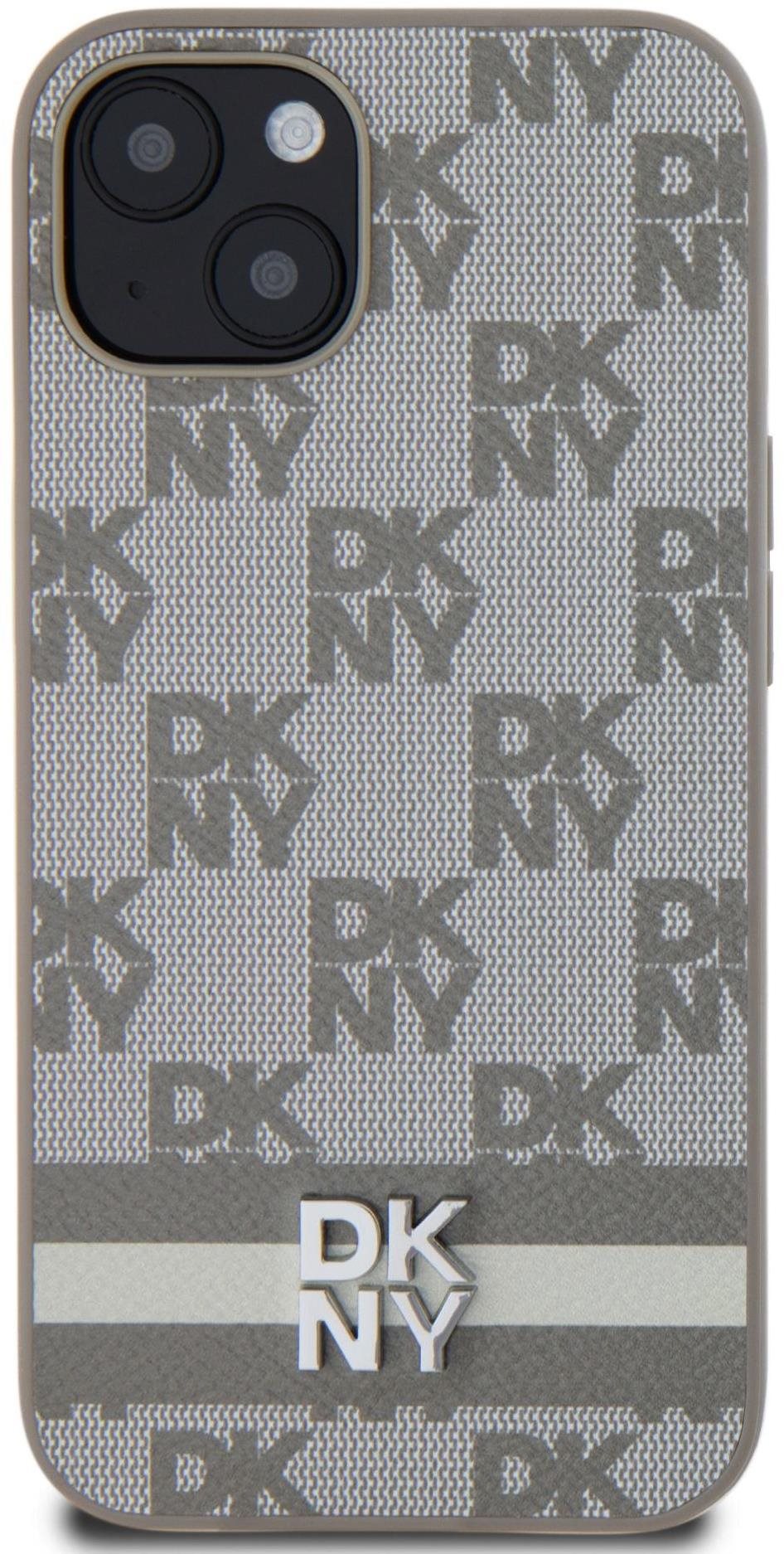 DKNY PU Leather Checkered Pattern and Stripe Zadný Kryt na iPhone 13 Beige