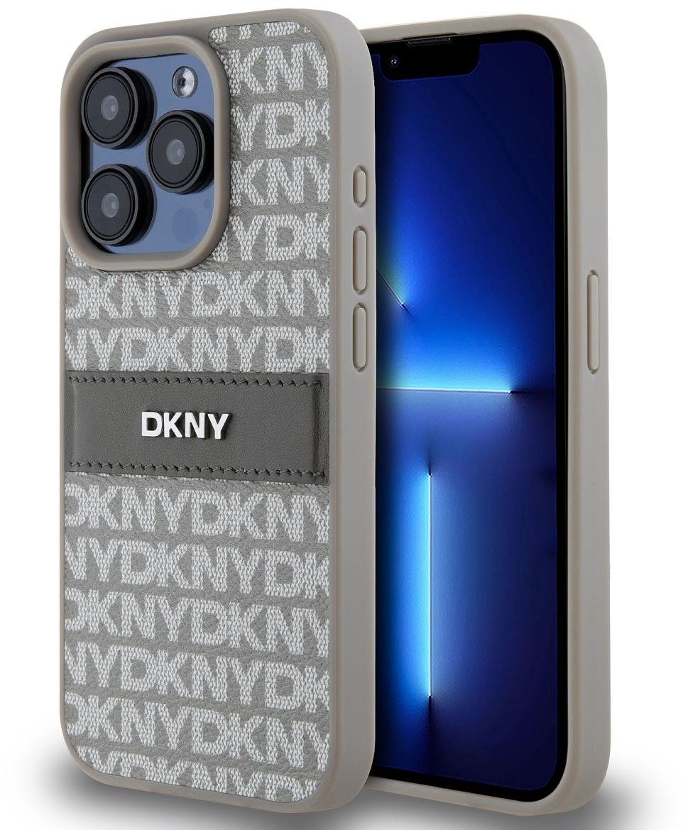 DKNY PU Leather Repeat Pattern Tonal Stripe Zadný Kryt na iPhone 15 Pro Beige