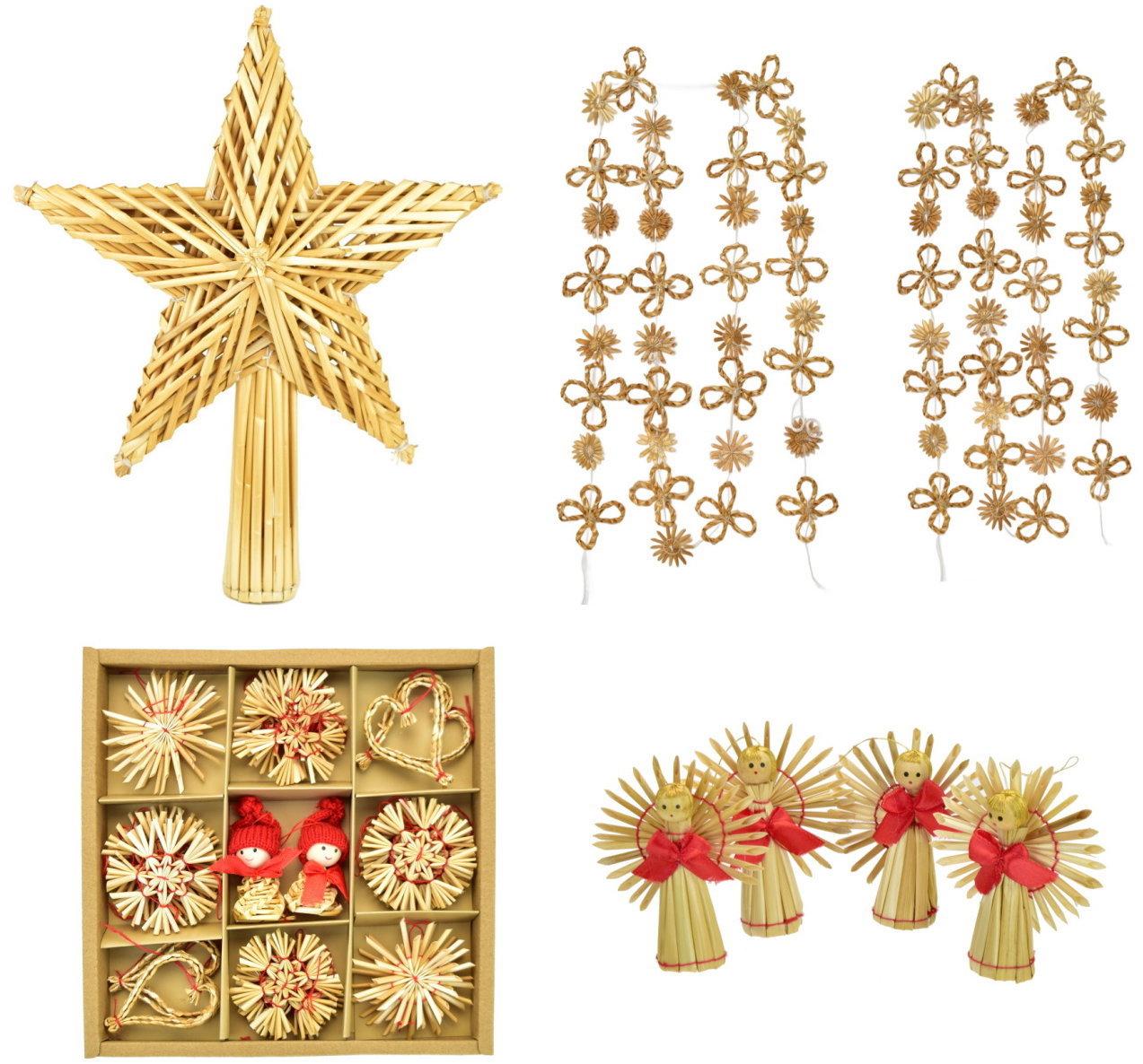 DOMMIO Sada slaměných ozdob, špiška, 2 ks řetězů, 4 ks andělíčků, 30 ks různých ozdob