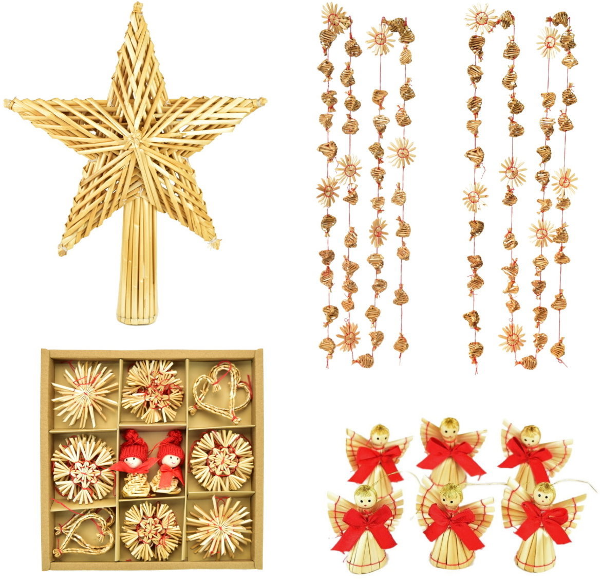 DOMMIO Sada slaměných ozdob, špiška, 2 ks řetězů, 6 ks andělíčků, 30 ks různých ozdob