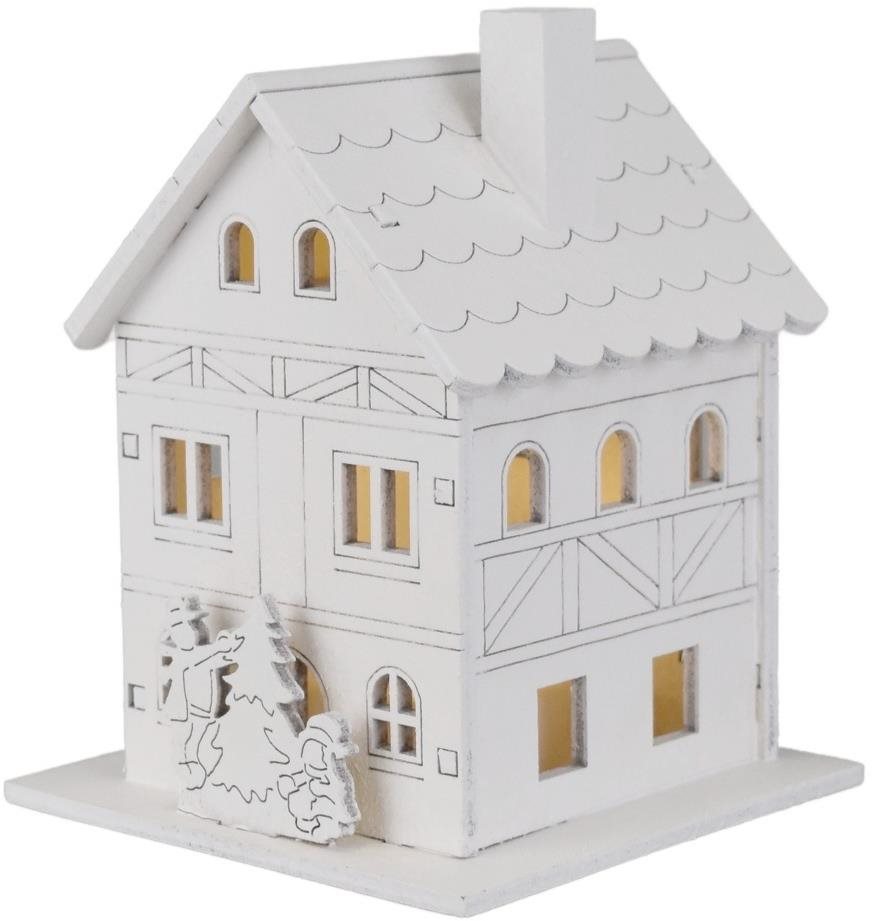 DOMMIO Drevený domček biely s LED, 10 × 8 cm