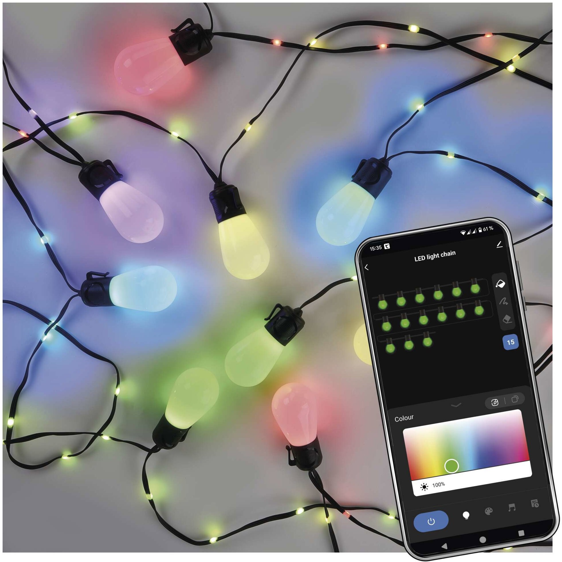 EMOS GoSmart LED svetelná reťaz – 15× párty žiarovky, 15 m, vonkajšia aj vnútorná, RGBIC, WiFi
