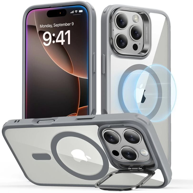 ESR Classic Hybrid Case with Stash Stand (HaloLock), Compatible with iPhone 16 Pro, Clear Grey