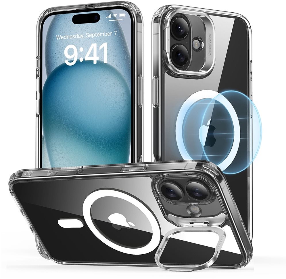 ESR Classic Hybrid Case with Stash Stand (HaloLock), Compatible with iPhone 16 Plus, Clear