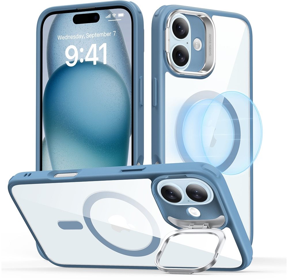ESR Classic Hybrid Case with Stash Stand (HaloLock), Compatible with iPhone 16 Plus, Clear Blue