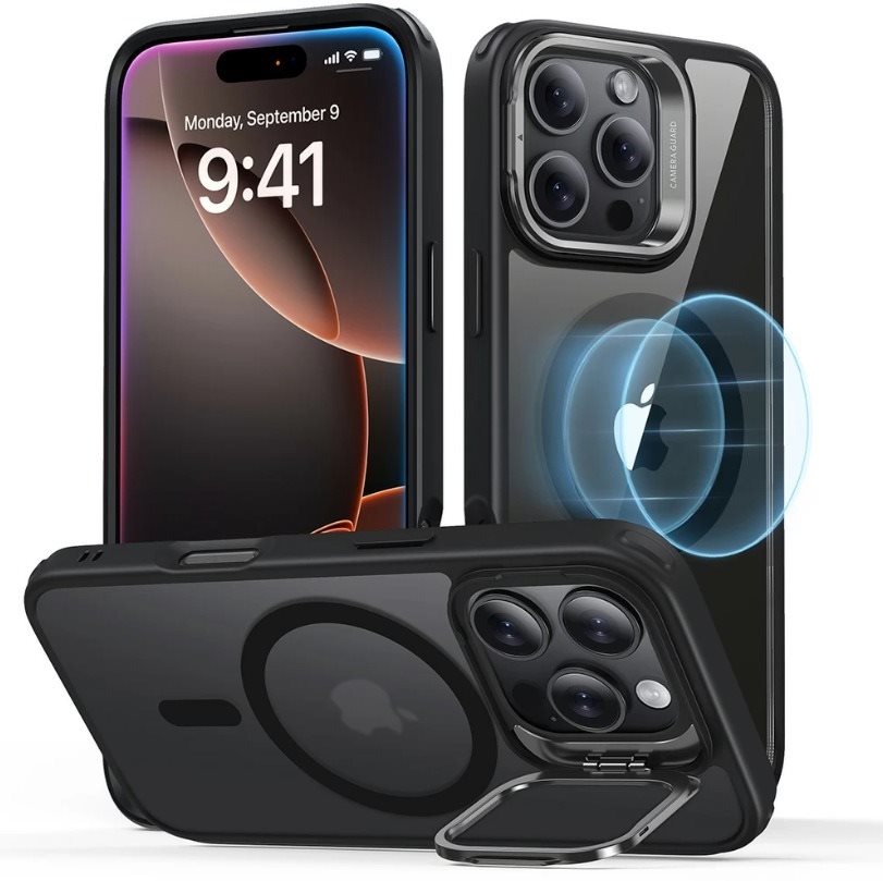 ESR Classic Hybrid Case with Stash Stand (HaloLock), Compatible with iPhone 16 Pro Max, Clear Black