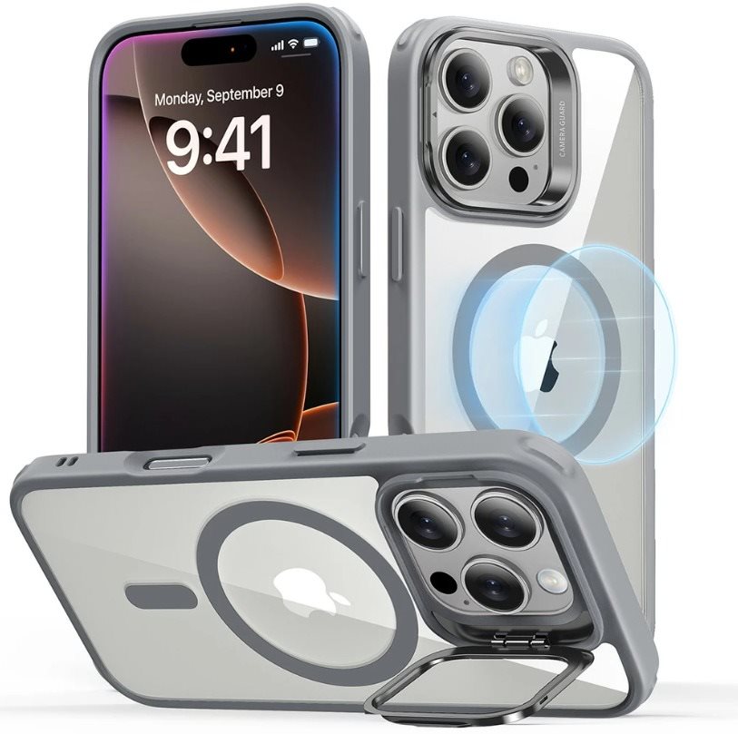 ESR Classic Hybrid Case with Stash Stand (HaloLock), Compatible with iPhone 16 Pro Max, Clear Grey