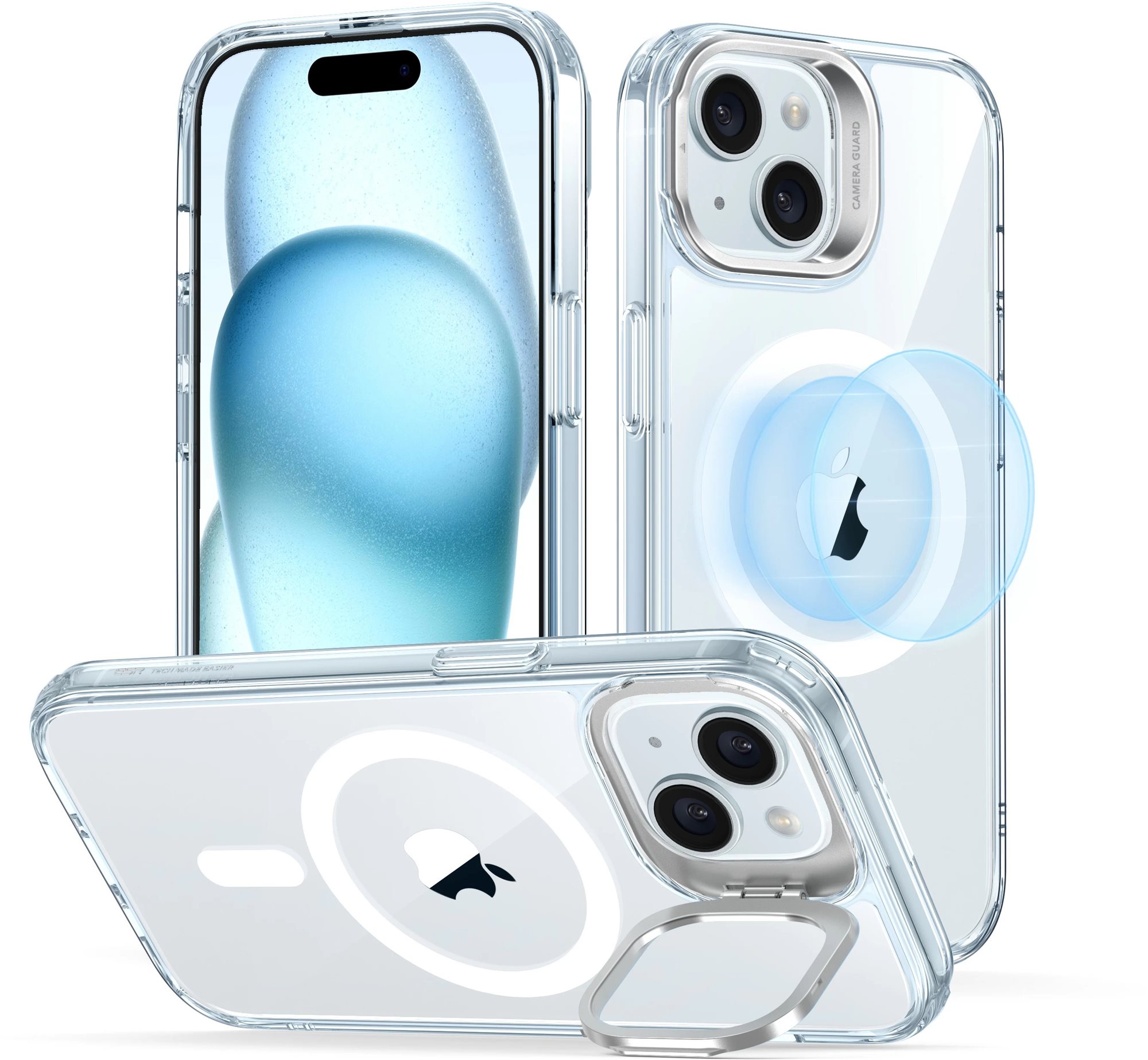 ESR Classic Hybrid Case with Stash Stand (HaloLock), Compatible with iPhone 15 Plus, Clear Blue