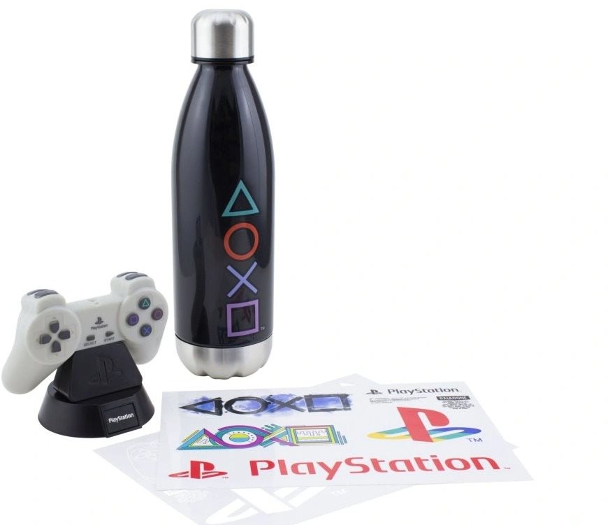 Playstation - lampa, láhev, samolepky