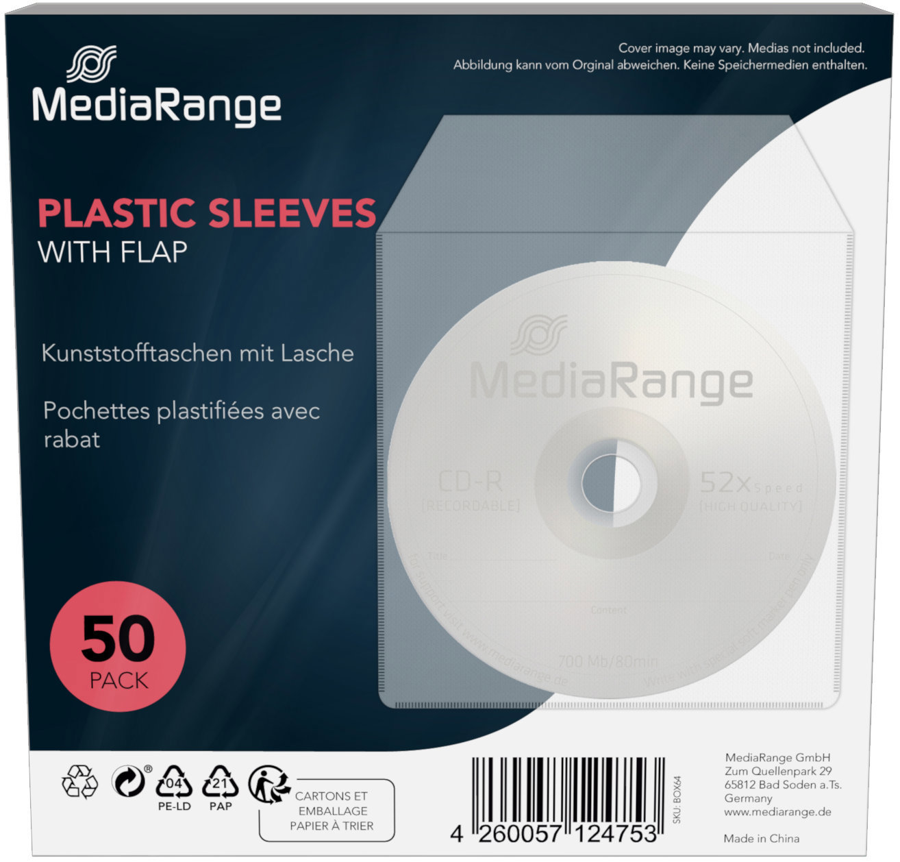 MEDIARANGE plastová obálka s chlopňou transparentná, 50 ks