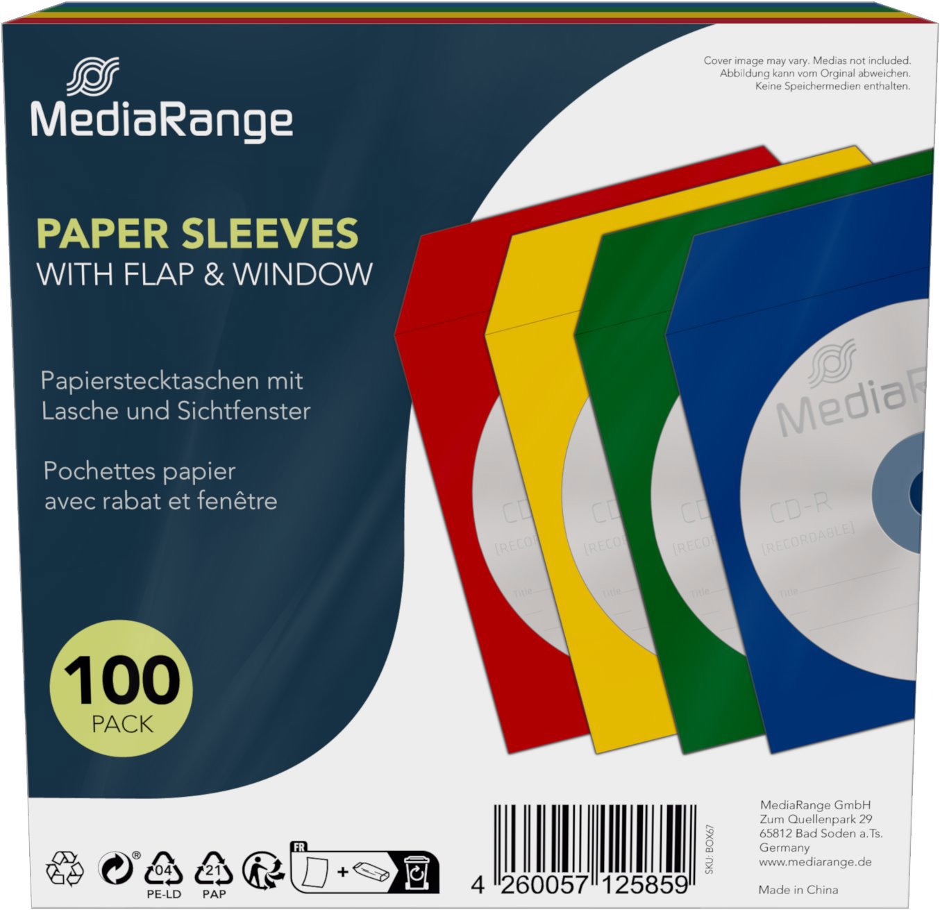 MEDIARANGE papierová obálka s chlopňou a okienkom (25 x 4 farby), 100 ks